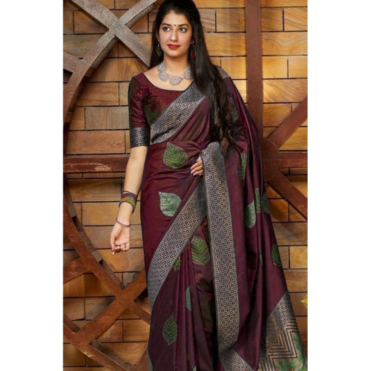 Women's Litchi silk Printed Saree With Unstitched Blouse (Maroon) - VANSHELLE