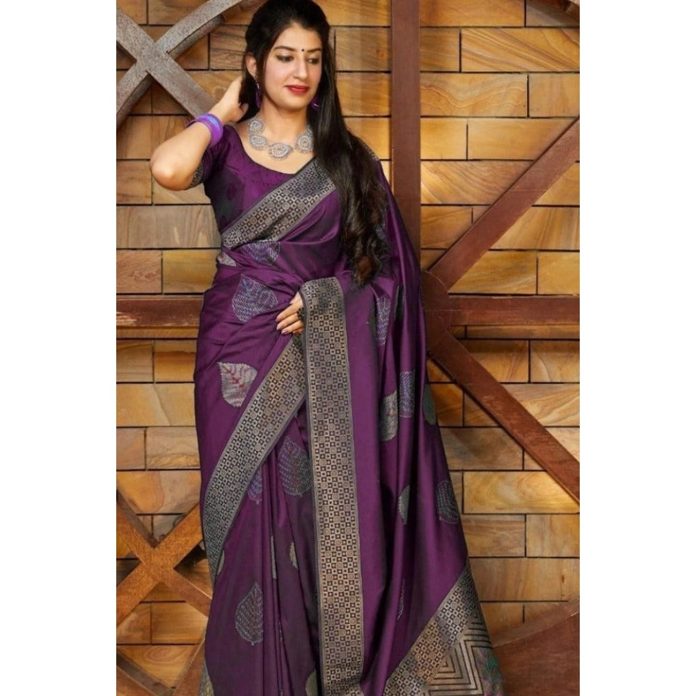 Women'S Litchi Silk Printed Saree With Unstitched Blouse (Purp