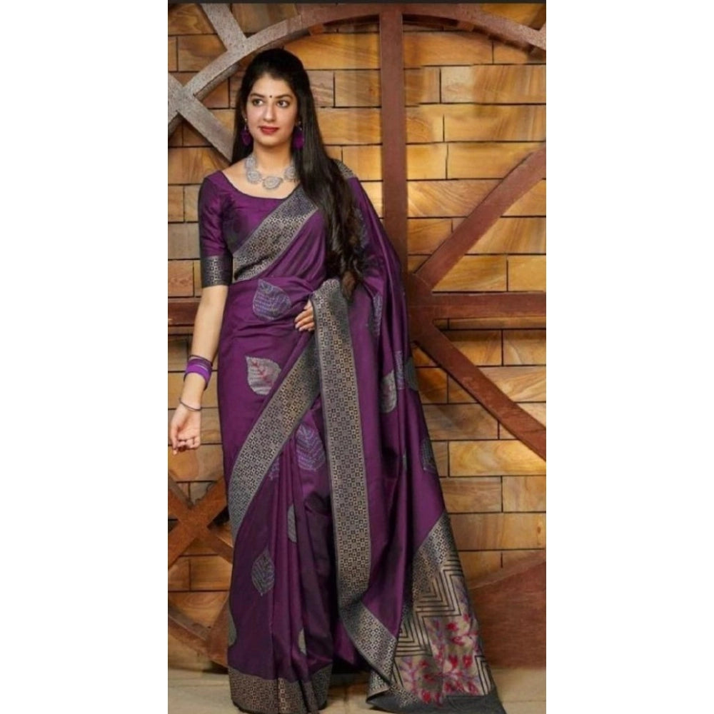 Women'S Litchi Silk Printed Saree With Unstitched Blouse (Purp