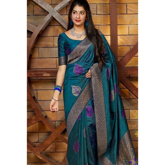 Women's Litchi silk Printed Saree With Unstitched Blouse (Rama Blue) - VANSHELLE