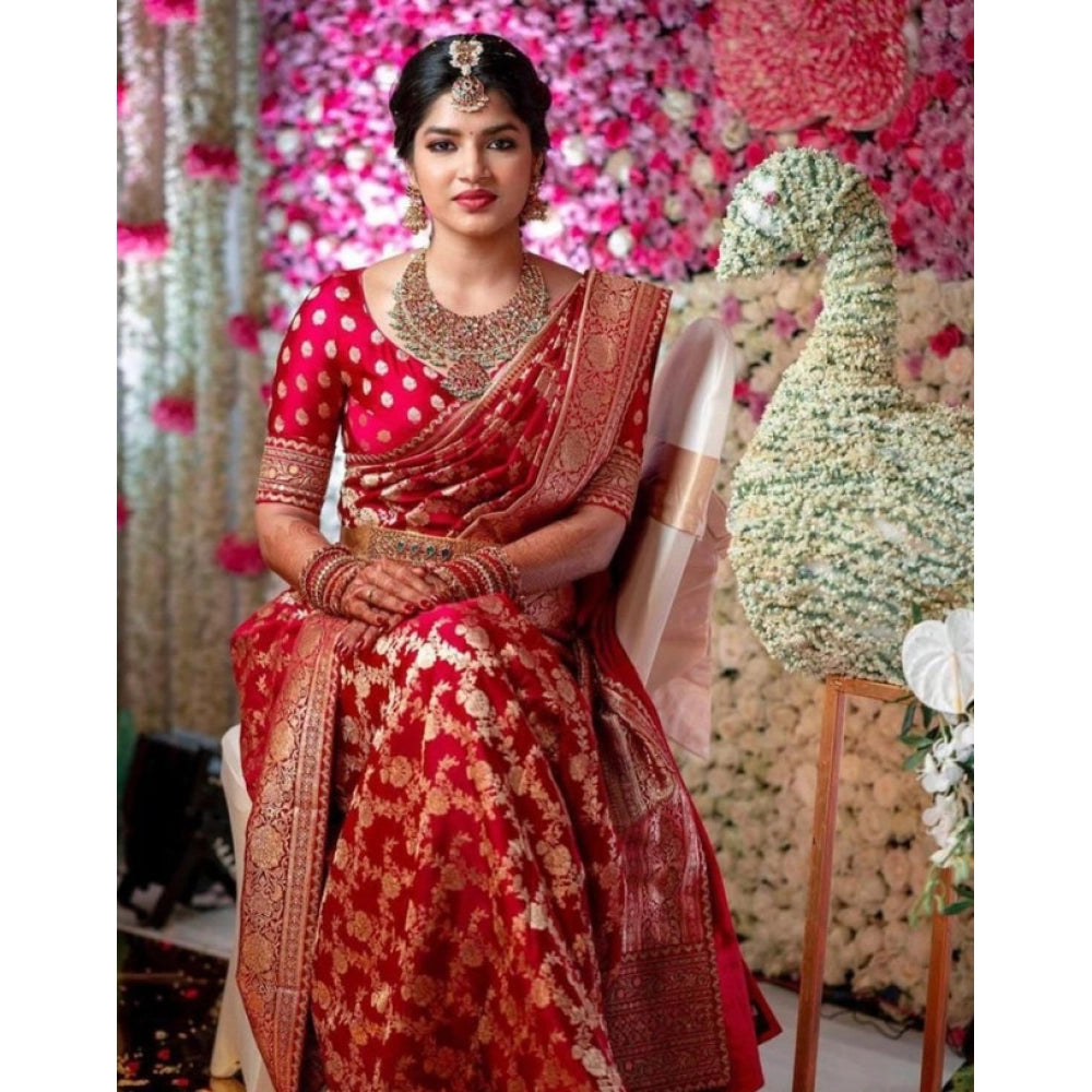 Women's Litchi silk Printed Saree With Unstitched Blouse (Red) - VANSHELLE
