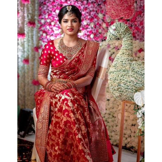 Women's Litchi silk Printed Saree With Unstitched Blouse (Red) - VANSHELLE