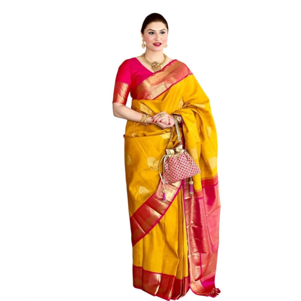 Women's Litchi silk Printed Saree With Unstitched Blouse (Yellow) - VANSHELLE