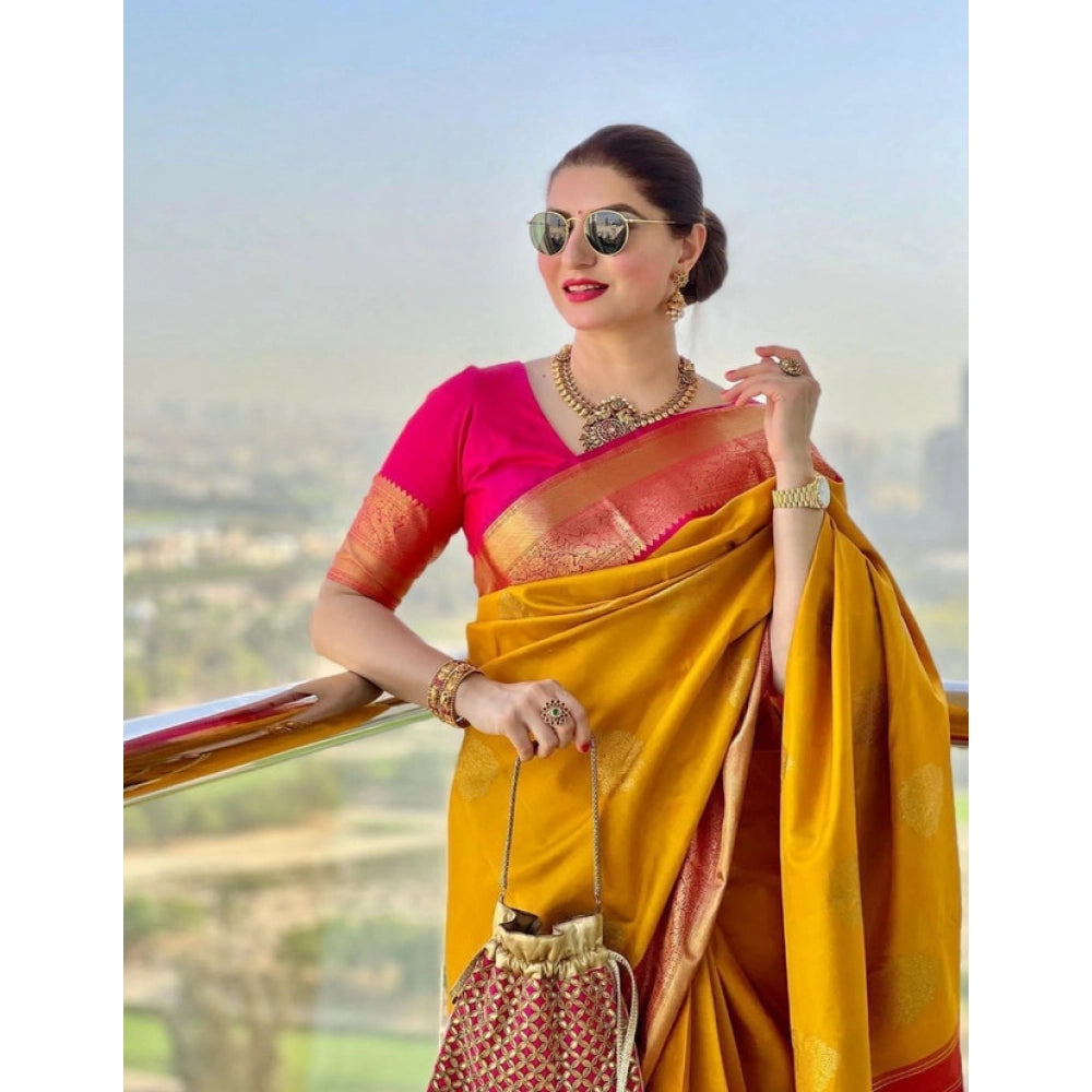 Women's Litchi silk Printed Saree With Unstitched Blouse (Yellow) - VANSHELLE
