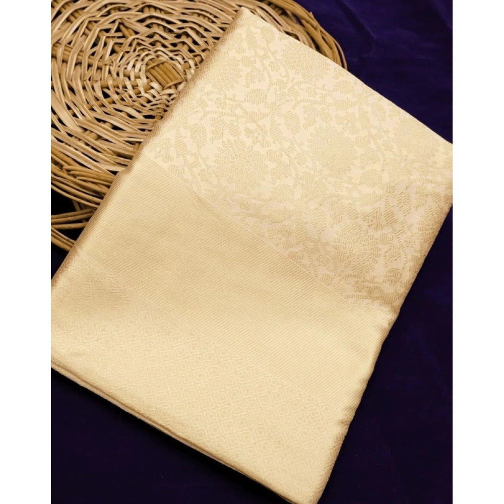 Women'S Litchi Silk Printed Saree With Unstitched Blouse (Gold