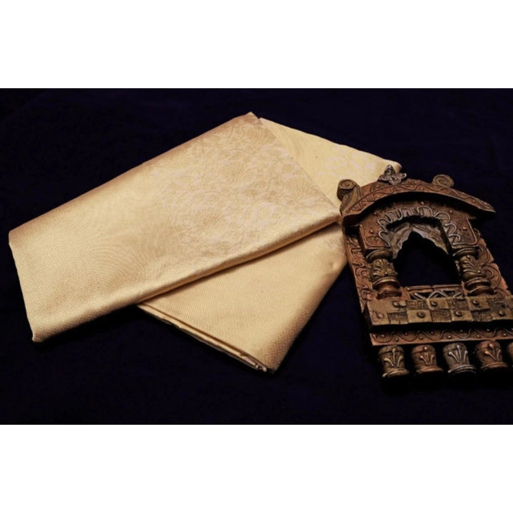 Women'S Litchi Silk Printed Saree With Unstitched Blouse (Gold