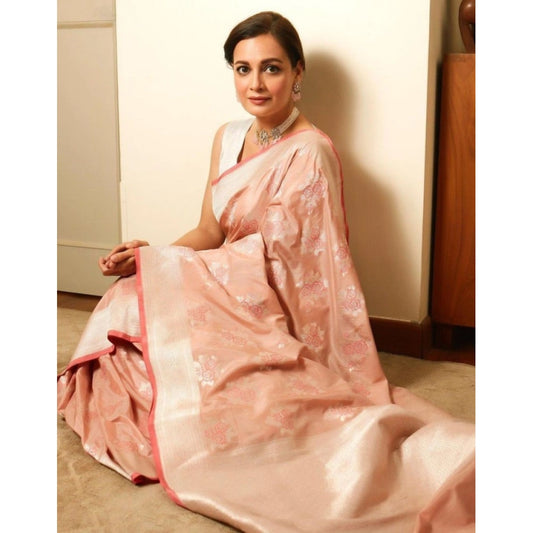Women's Litchi silk Printed Saree With Unstitched Blouse (Peach) - VANSHELLE