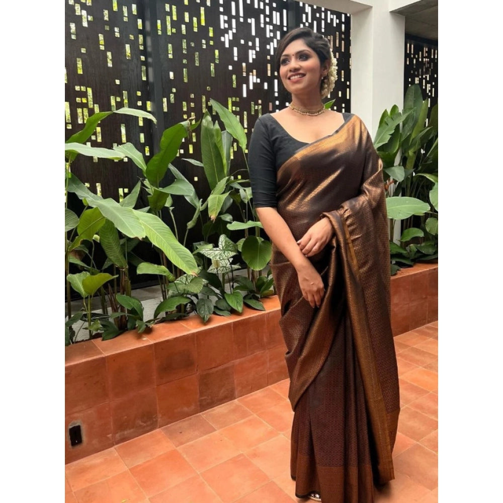 Women's Litchi silk Printed Saree With Unstitched Blouse (Gold) - VANSHELLE