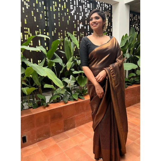 Women's Litchi silk Printed Saree With Unstitched Blouse (Gold) - VANSHELLE
