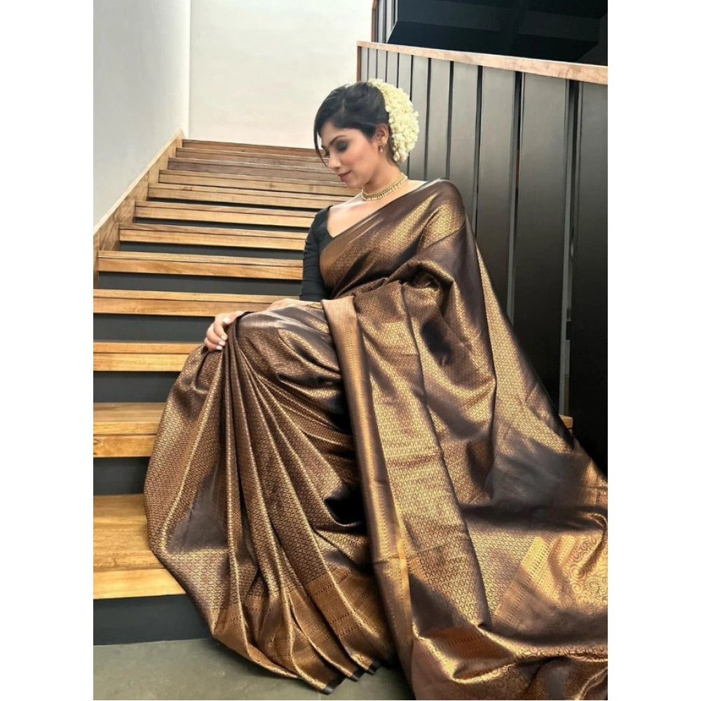 Women's Litchi silk Printed Saree With Unstitched Blouse (Gold) - VANSHELLE