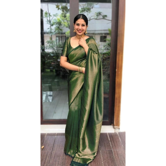 Women's Litchi silk Printed Saree With Unstitched Blouse (Green) - VANSHELLE