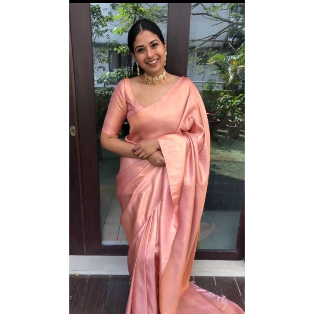 Women's Litchi silk Printed Saree With Unstitched Blouse (Peach) - VANSHELLE