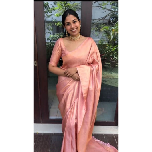 Women's Litchi silk Printed Saree With Unstitched Blouse (Peach) - VANSHELLE