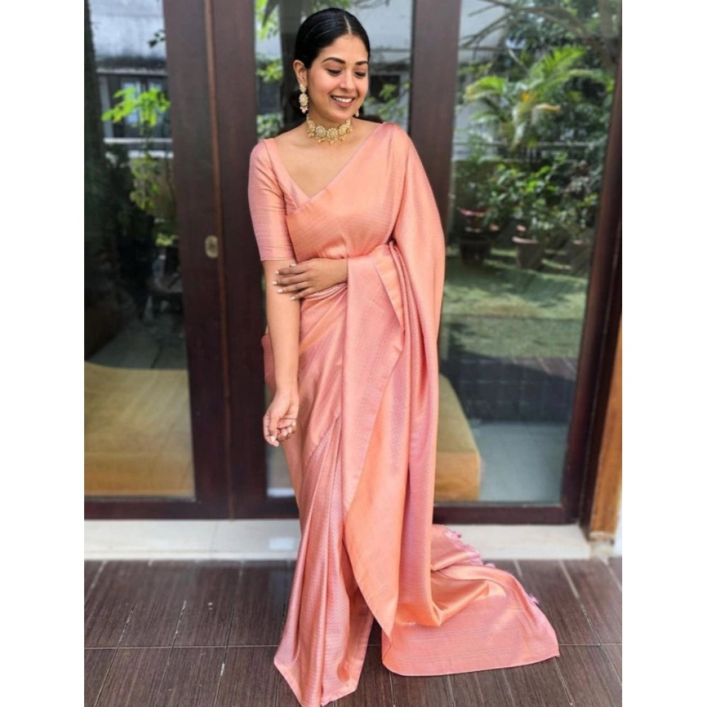 Women's Litchi silk Printed Saree With Unstitched Blouse (Peach) - VANSHELLE