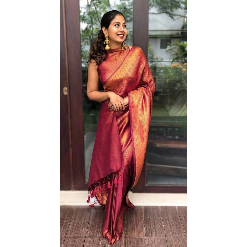 Women's Litchi silk Printed Saree With Unstitched Blouse (Red) - VANSHELLE