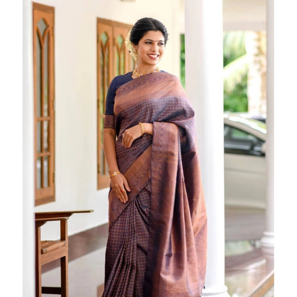 Women's Litchi silk Printed Saree With Unstitched Blouse (Navy Blue) - VANSHELLE