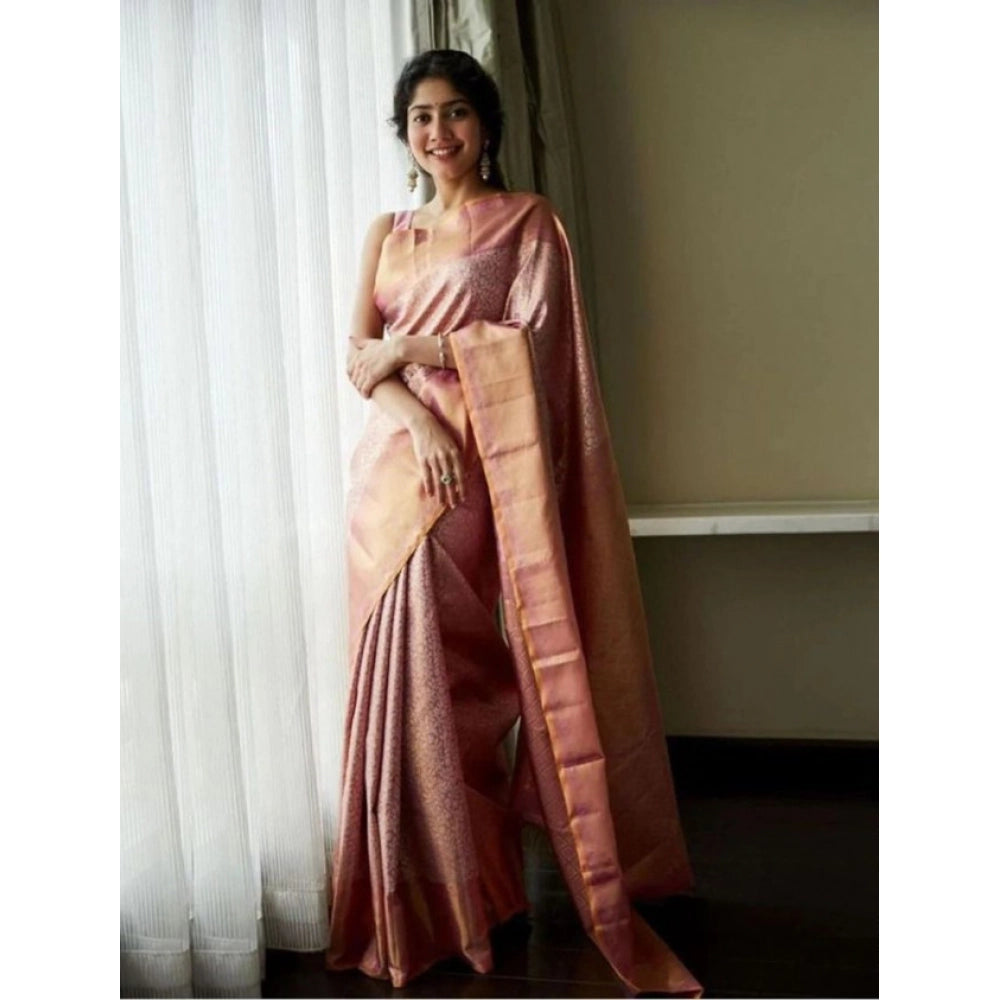 Women's Litchi silk Printed Saree With Unstitched Blouse (Light Pink) - VANSHELLE