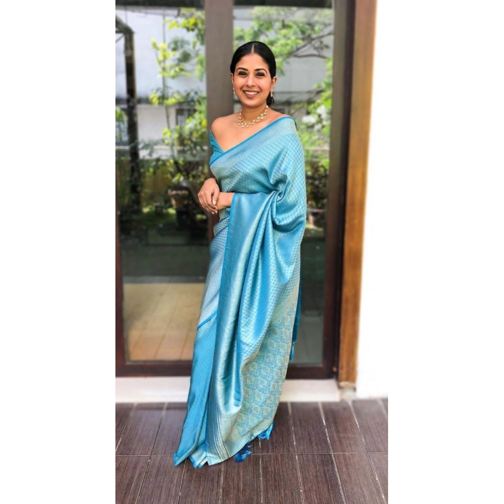 Women'S Litchi Silk Printed Saree With Unstitched Blouse (Sky