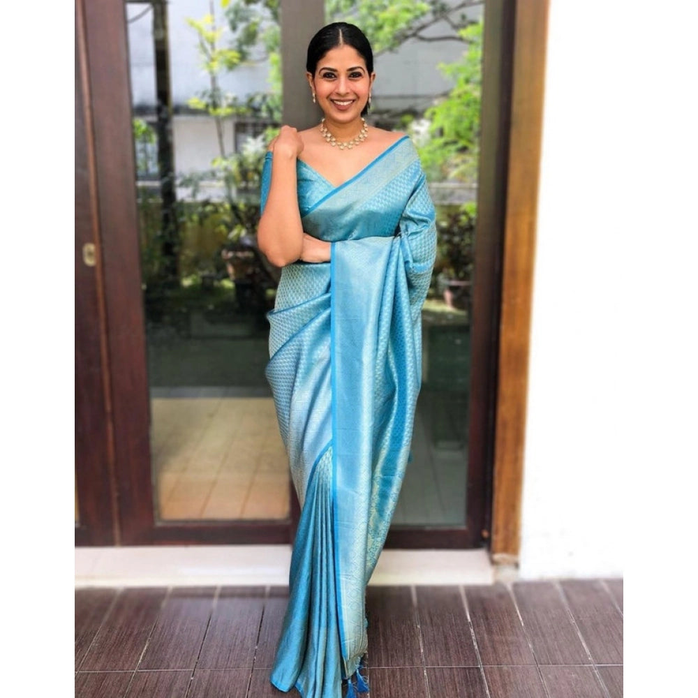 Women'S Litchi Silk Printed Saree With Unstitched Blouse (Sky