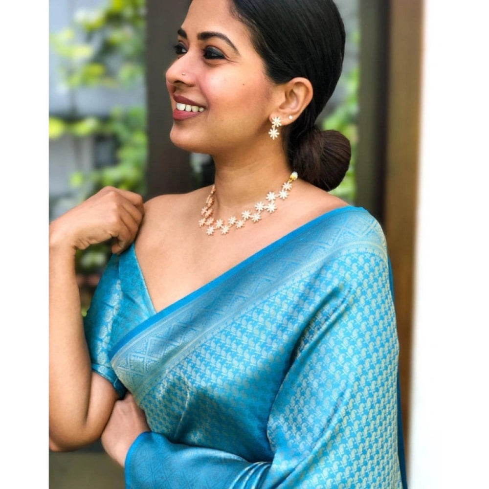 Women'S Litchi Silk Printed Saree With Unstitched Blouse (Sky