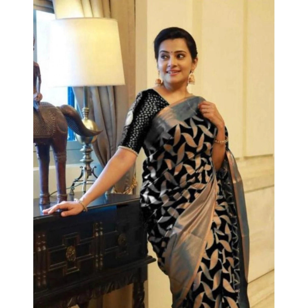 Women's Litchi silk Printed Saree With Unstitched Blouse (Black) - VANSHELLE