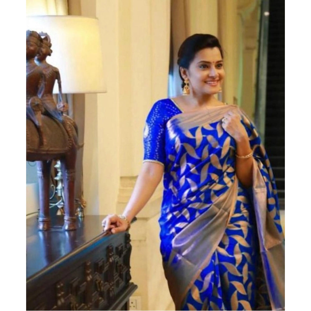 Women's Litchi silk Printed Saree With Unstitched Blouse (Blue) - VANSHELLE