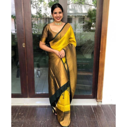 Women's Litchi silk Printed Saree With Unstitched Blouse (Yellow) - VANSHELLE