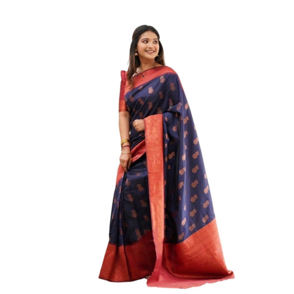 Women's Litchi silk Printed Saree With Unstitched Blouse (Blue) - VANSHELLE