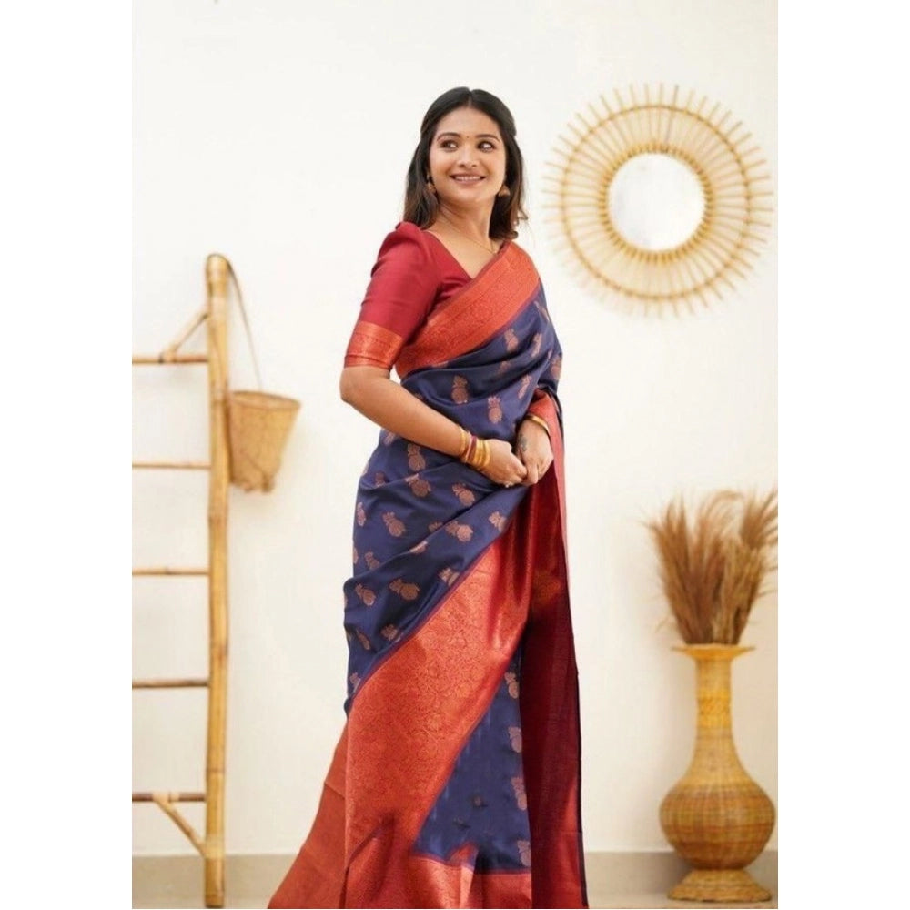 Women's Litchi silk Printed Saree With Unstitched Blouse (Blue) - VANSHELLE