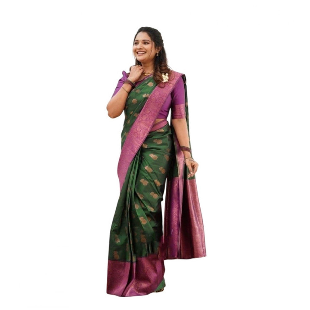 Women's Litchi silk Printed Saree With Unstitched Blouse (Green) - VANSHELLE