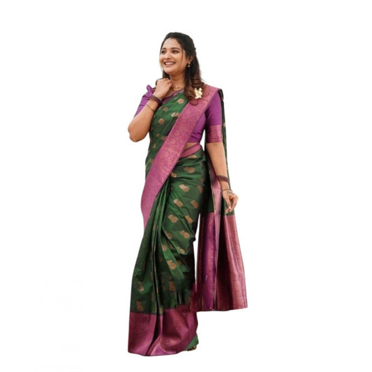 Women's Litchi silk Printed Saree With Unstitched Blouse (Green) - VANSHELLE