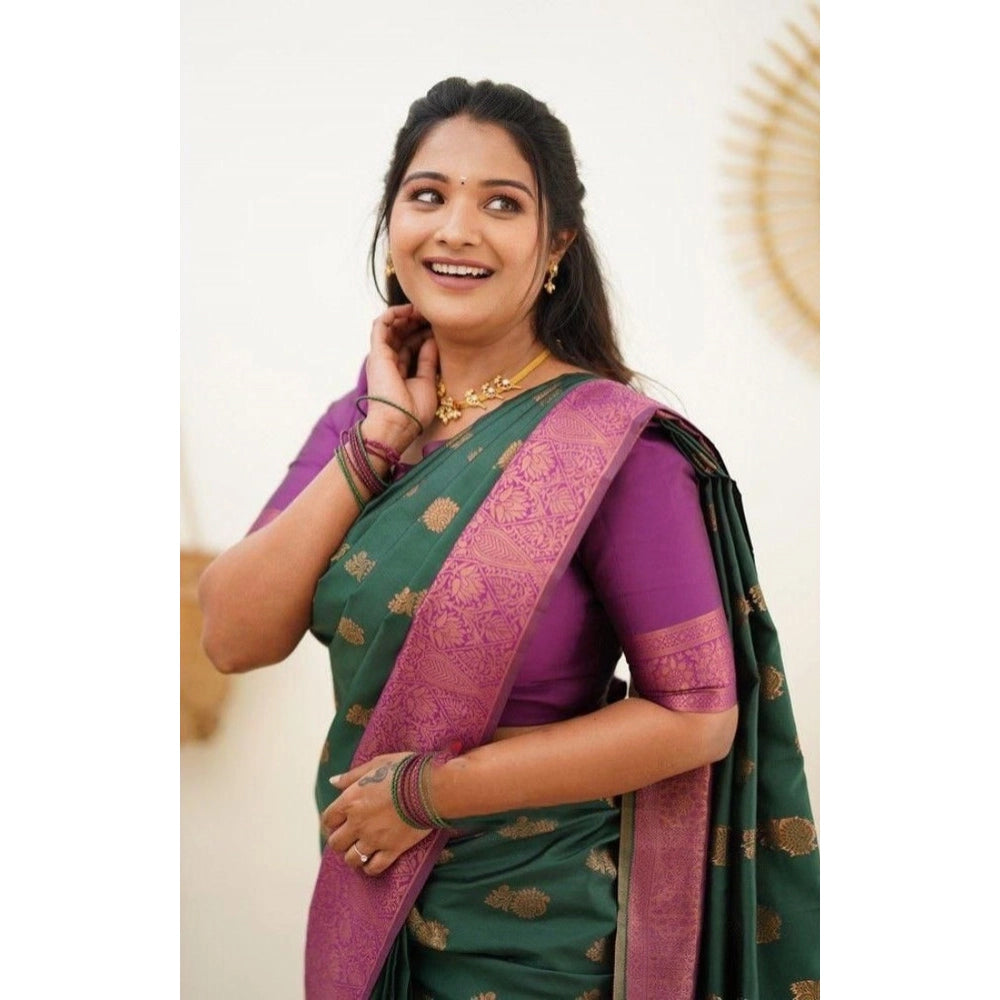 Women's Litchi silk Printed Saree With Unstitched Blouse (Green) - VANSHELLE