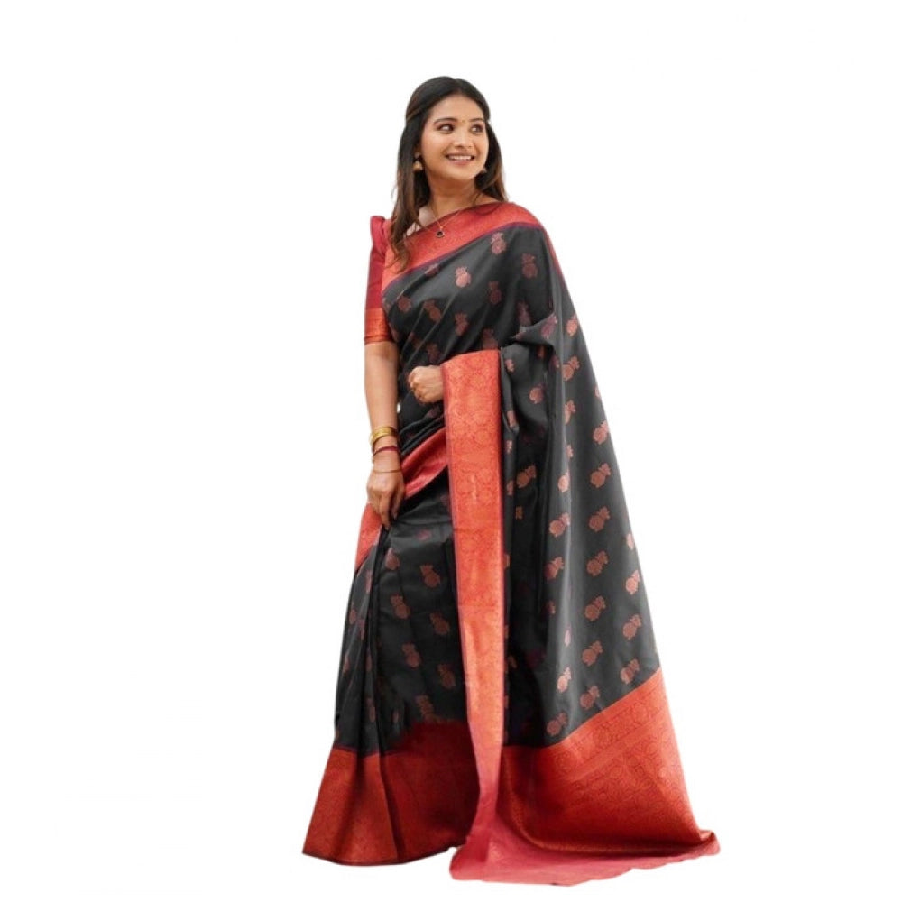Women's Litchi silk Printed Saree With Unstitched Blouse (Grey) - VANSHELLE