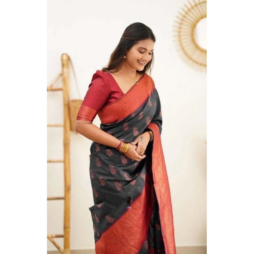 Women's Litchi silk Printed Saree With Unstitched Blouse (Grey) - VANSHELLE