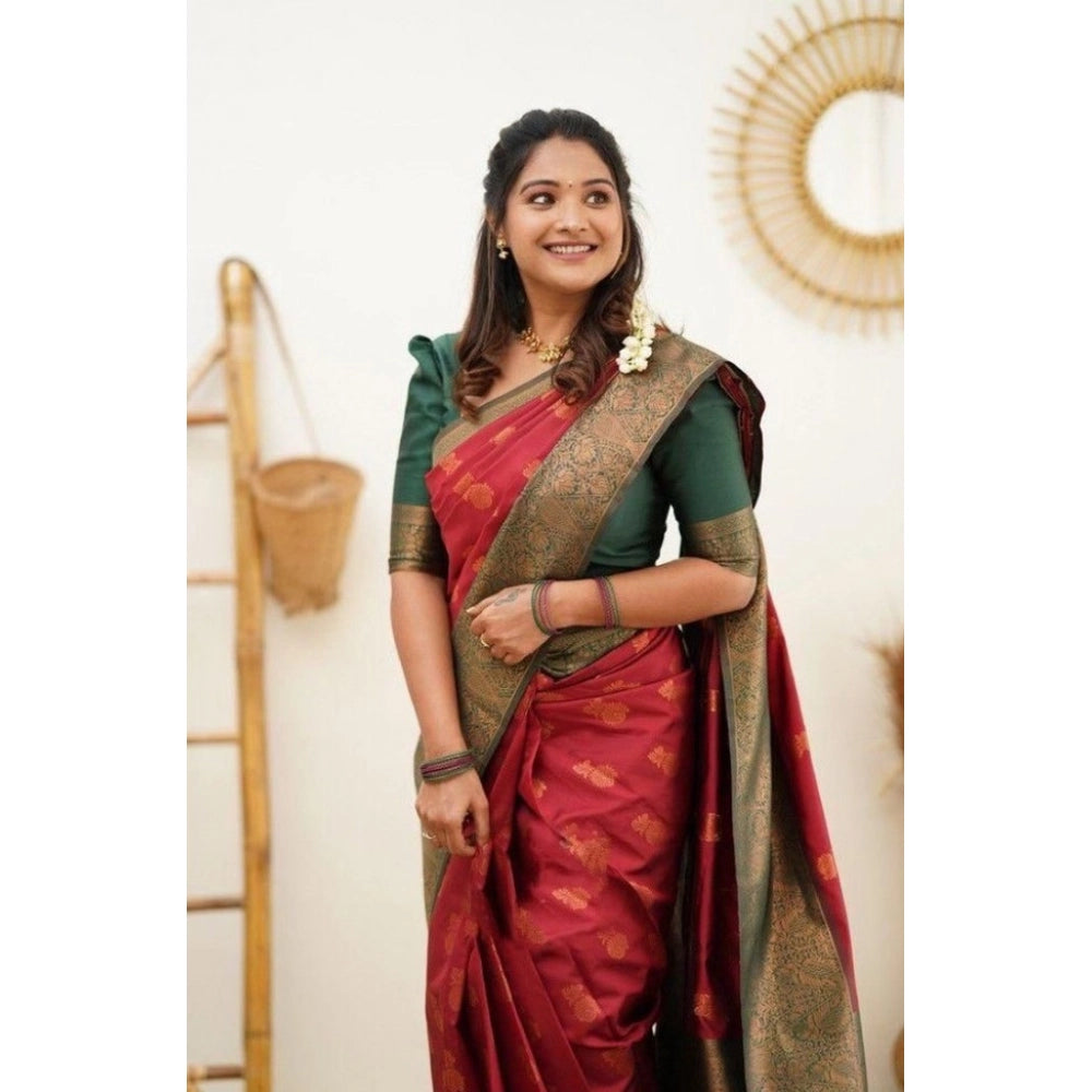 Women's Litchi silk Printed Saree With Unstitched Blouse (Red) - VANSHELLE