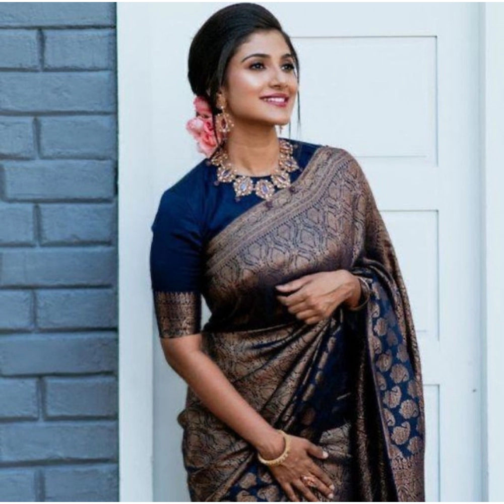 Women's Litchi silk Printed Saree With Unstitched Blouse (Blue) - VANSHELLE