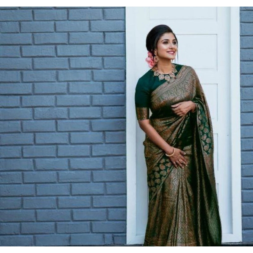 Women's Litchi silk Printed Saree With Unstitched Blouse (Green) - VANSHELLE