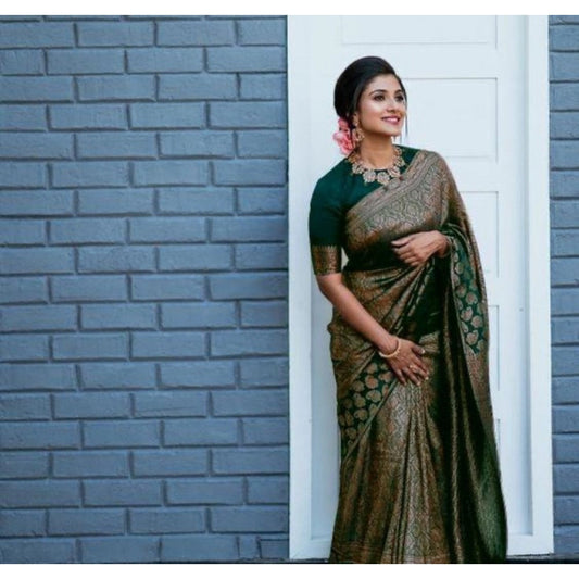 Women's Litchi silk Printed Saree With Unstitched Blouse (Green) - VANSHELLE