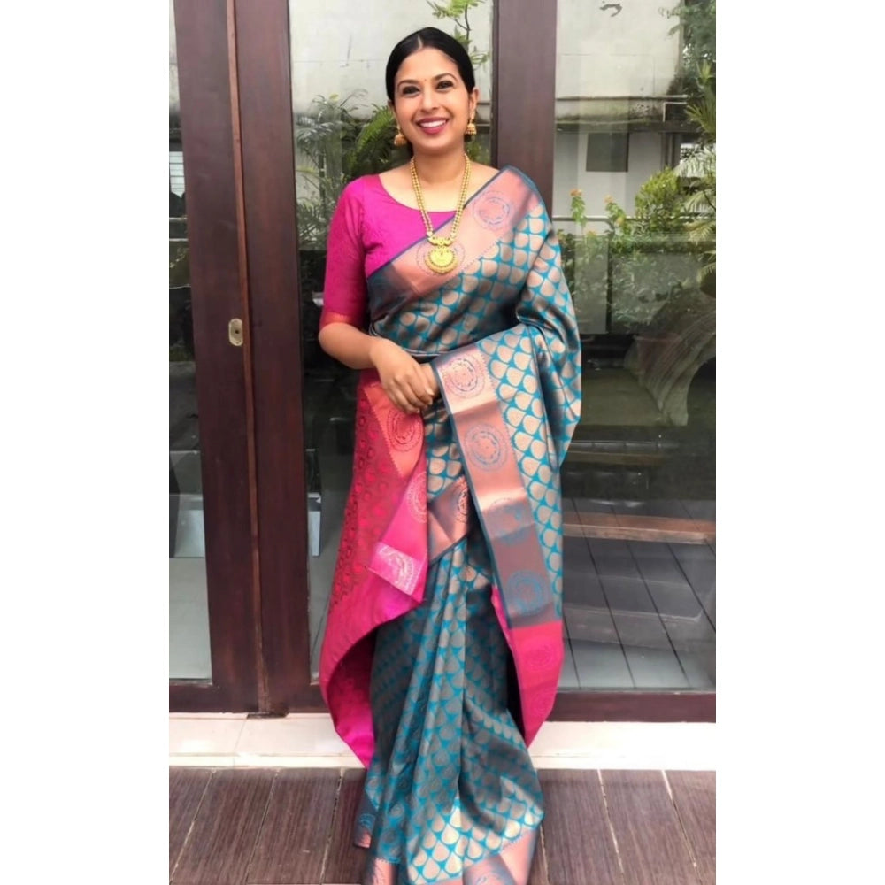 Women's Litchi silk Printed Saree With Unstitched Blouse (Blue) - VANSHELLE