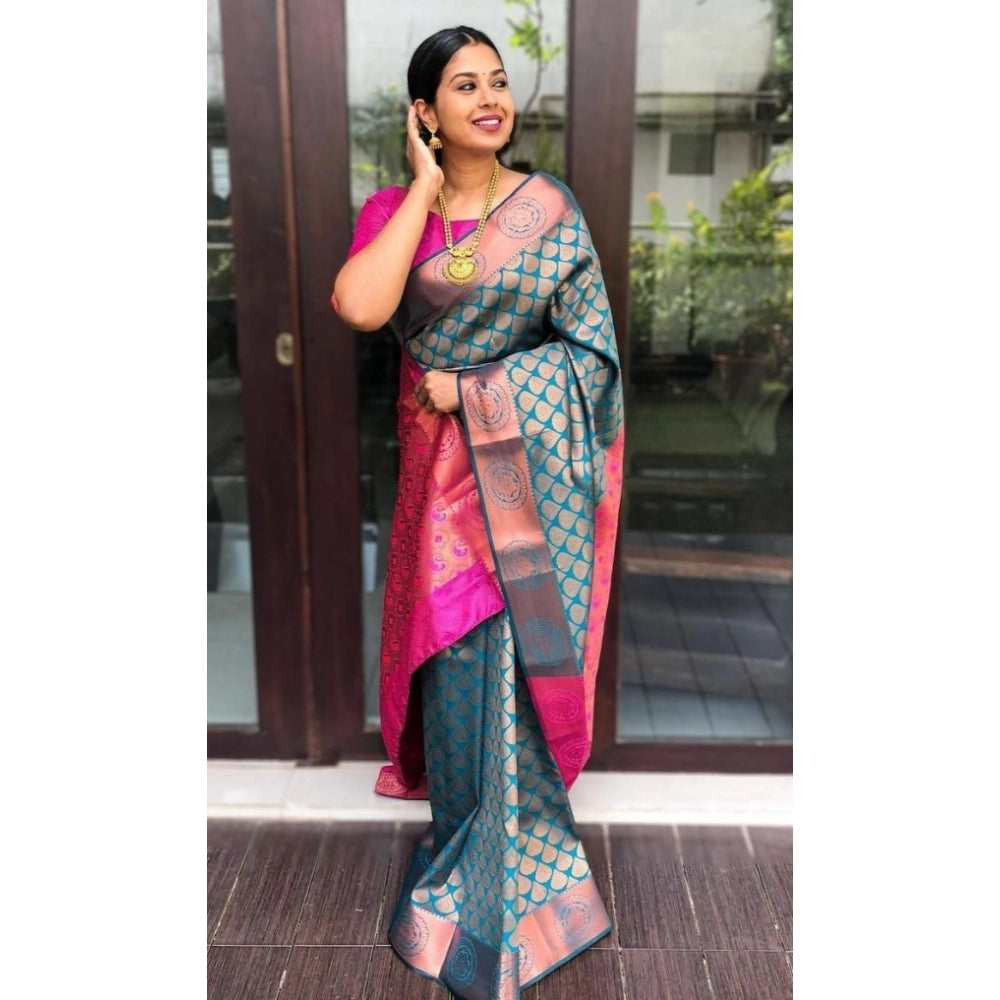 Women's Litchi silk Printed Saree With Unstitched Blouse (Blue) - VANSHELLE