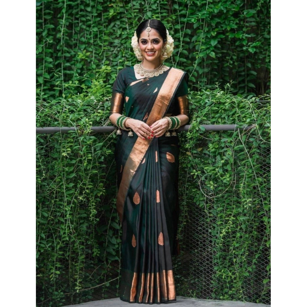 Women'S Litchi Silk Printed Saree With Unstitched Blouse (Gree
