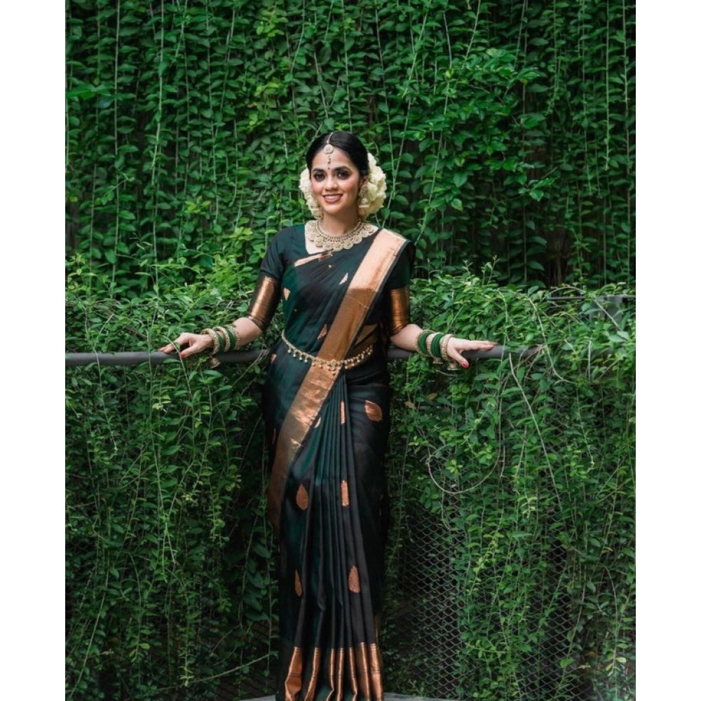Women'S Litchi Silk Printed Saree With Unstitched Blouse (Gree