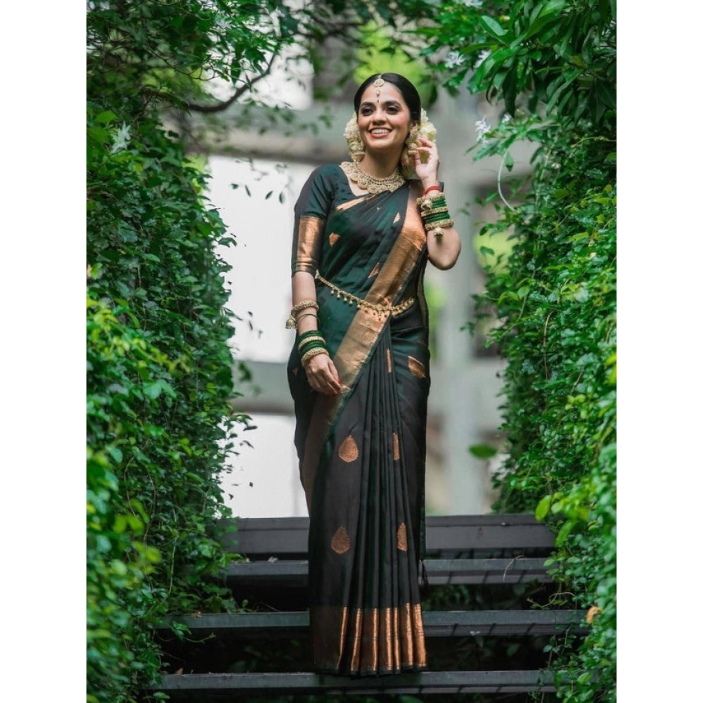 Women'S Litchi Silk Printed Saree With Unstitched Blouse (Gree