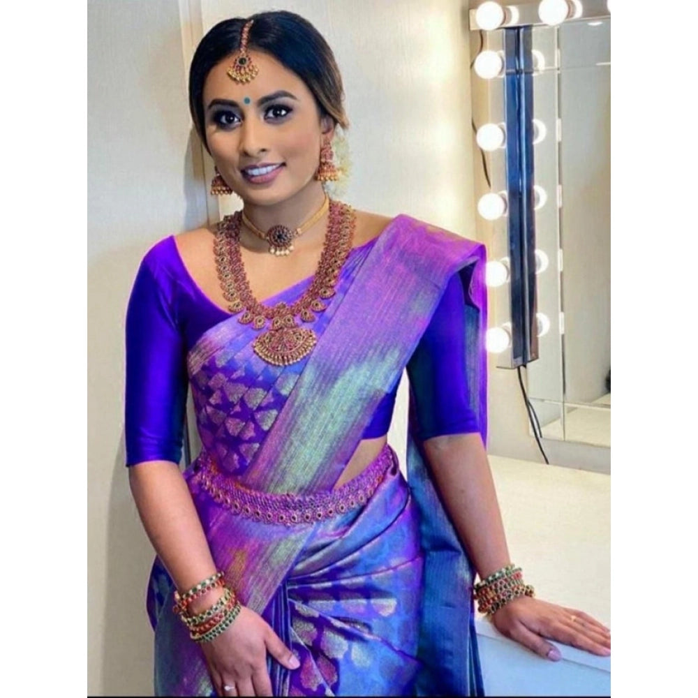 Women'S Litchi Silk Printed Saree With Unstitched Blouse (Blue