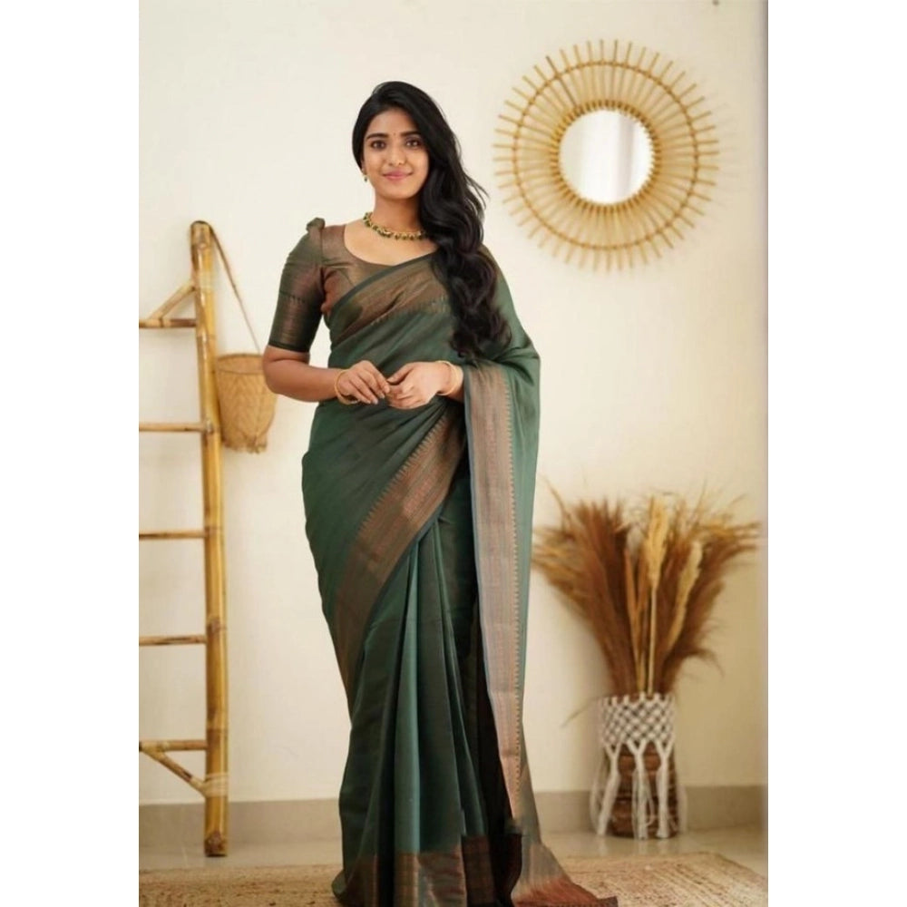 Women's Litchi silk Printed Saree With Unstitched Blouse (Green) - VANSHELLE