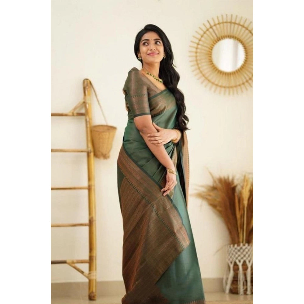 Women's Litchi silk Printed Saree With Unstitched Blouse (Green) - VANSHELLE