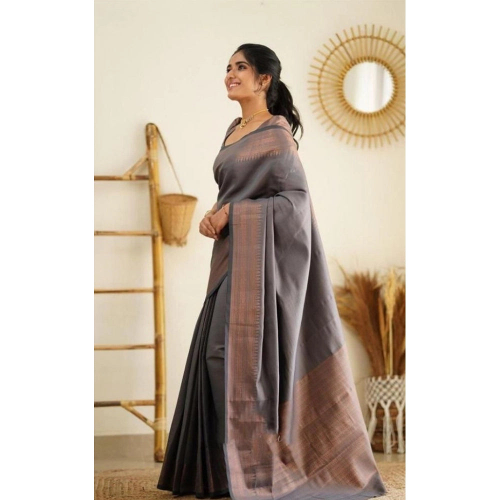 Women's Litchi silk Printed Saree With Unstitched Blouse (Grey) - VANSHELLE