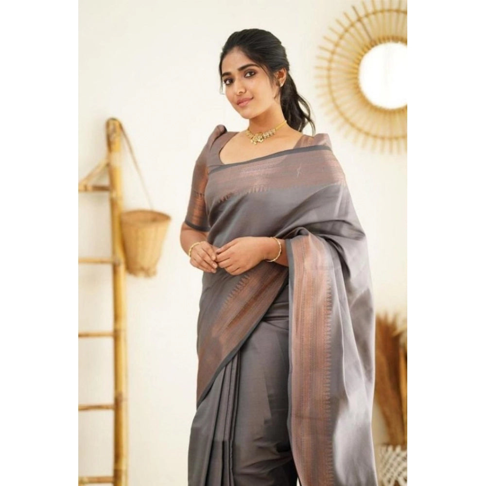 Women's Litchi silk Printed Saree With Unstitched Blouse (Grey) - VANSHELLE