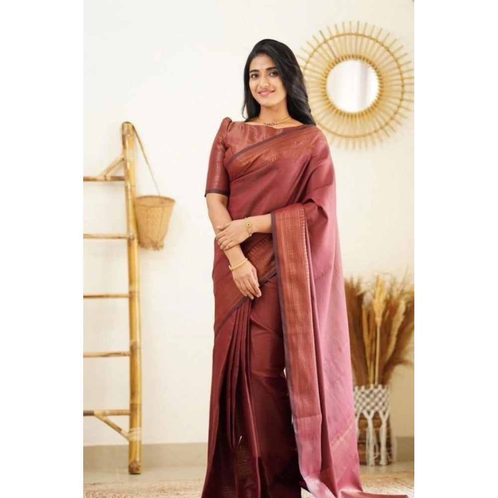 Women'S Litchi Silk Printed Saree With Unstitched Blouse (Maro