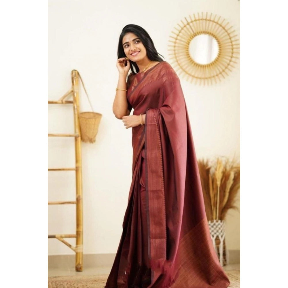 Women'S Litchi Silk Printed Saree With Unstitched Blouse (Maro
